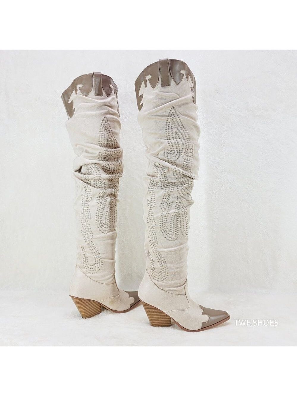 Iconic Western Thigh high Cowgirl Boots Cream - Picture 5 of 12